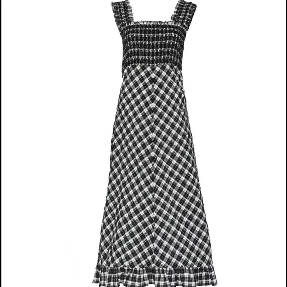 Ganni Smocked Maxi Dress Black White 38